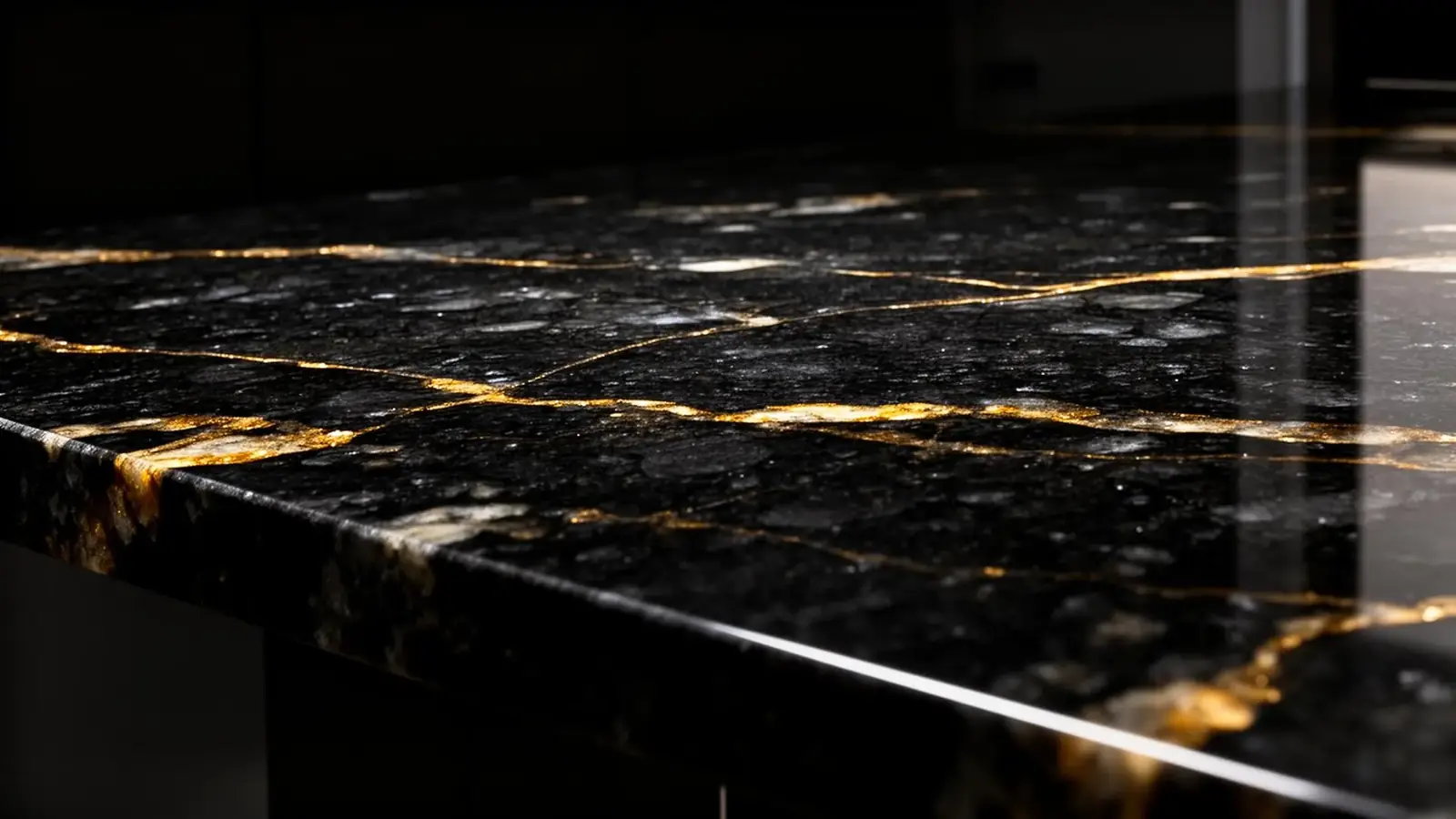 Bancada de granito preto premium com veios dourados